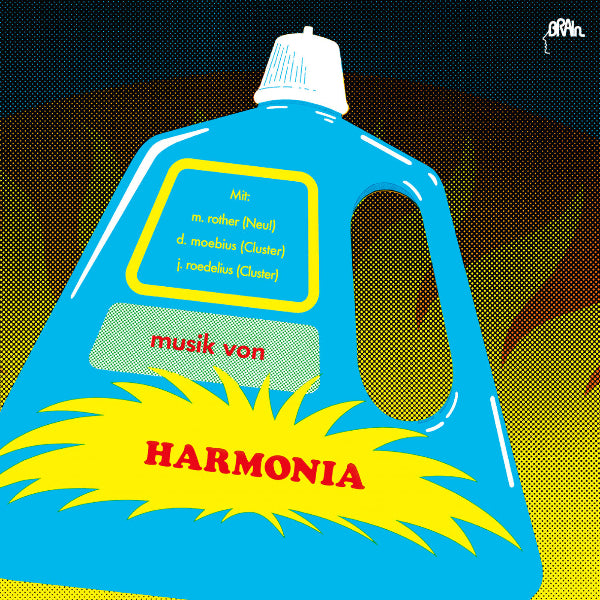 Simplified depiction of a blue bottle with text and 'Harmonia' branding on a yellow and black background.