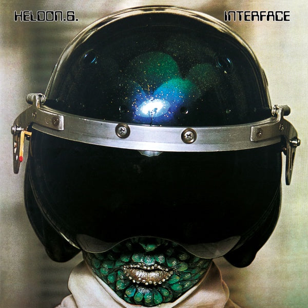 Person wearing a futuristic helmet with a reflective visor and detailed mask, set against a textured background.