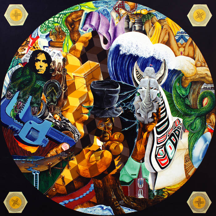 a surreal painting figuring heads, geometric shapes, and crushing waves