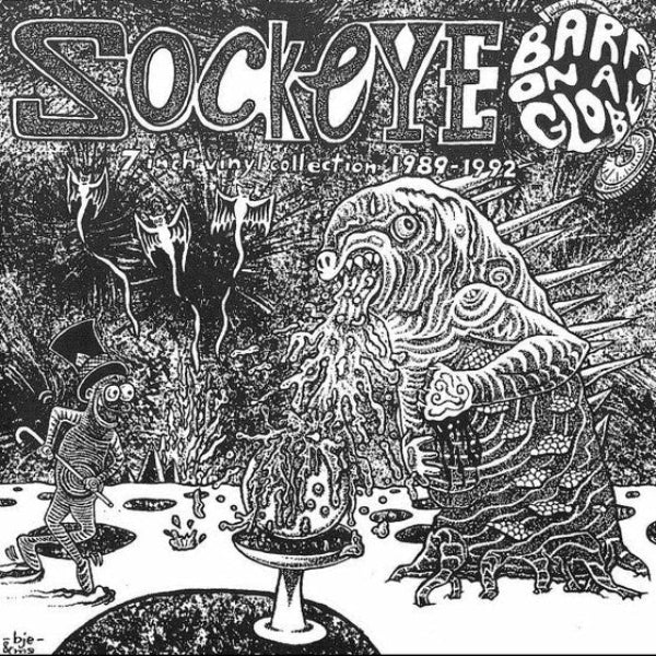 Black and white cover art for 'Sockoye - Bare on a Cold' 1978-1992 compilation, featuring a highly detailed, psychedelic cartoon illustration of a monster, a small figure, and stylized text.