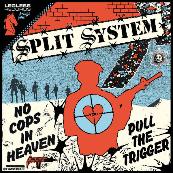 A red, blue, and white cover featuring a cop shaped target with a heart in the middle of the scope