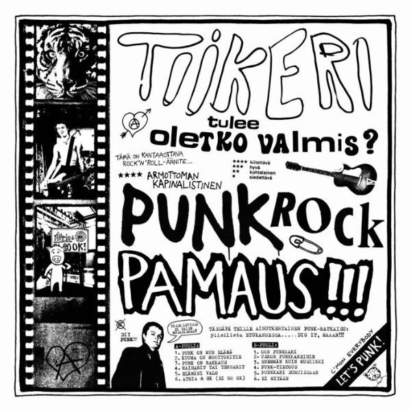 Black and white poster with text and images related to punk rock, featuring the word 'Punkrock Pamaus'.