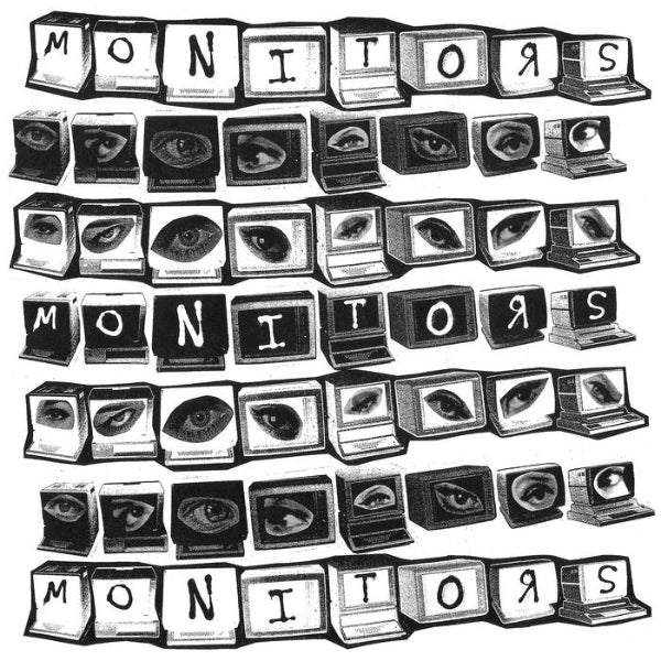 Black and white illustration of 'MONITORS' spelled out with eye-like symbols on a white background.
