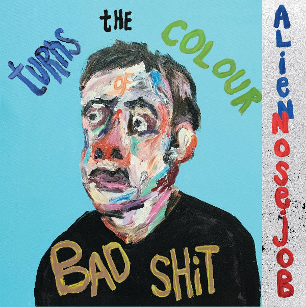 An oil painting of a man's face on a blue background with the words 'Alien Nosejob' to the right of him against a white bespeckled background.