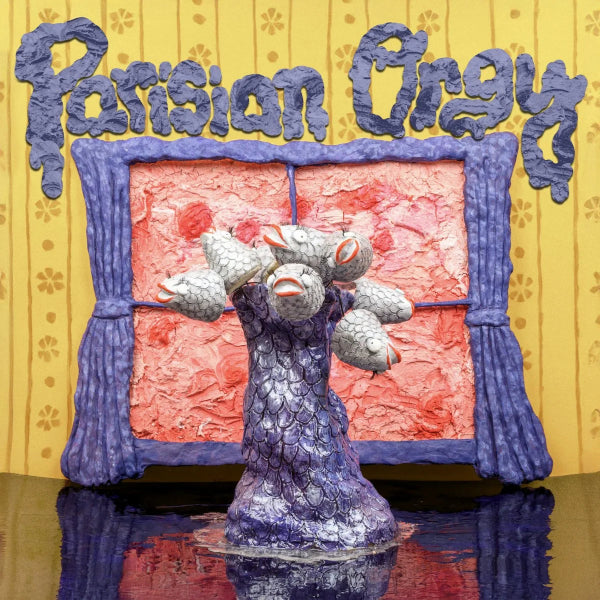 Toy figure with textured surface and colorful background with 'Parisian Orgy' text.