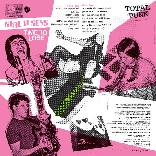 Black and white images of the band with random pink blocks and all the album info in black text.