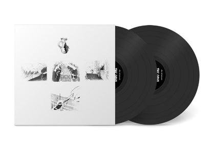 A vinyl record album shown with its white sleeve and two black records partially pulled out. The sleeve features black-and-white artwork with a central figure and smaller abstract scenes.