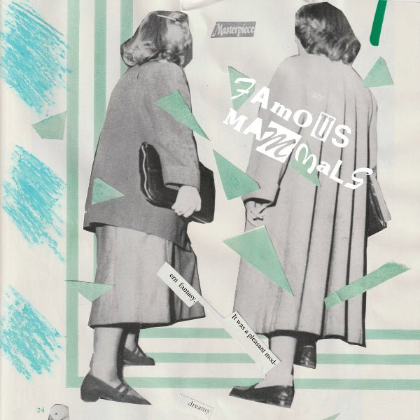 A collage-style artwork showing two women from behind wearing long gray coats and holding black handbags, with teal geometric shapes and torn paper text elements including 'Famous Mafios' and 'Masterpiece' on a light background.
