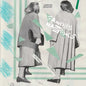 A collage-style artwork showing two women from behind wearing long gray coats and holding black handbags, with teal geometric shapes and torn paper text elements including 'Famous Mafios' and 'Masterpiece' on a light background.