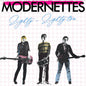 Album cover with three band members and text 'Modernettes Slightly Slightly the' on a grid background