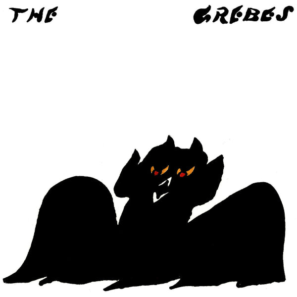 Album cover art for 'The Grebes' featuring a black silhouette of two grebes with glowing orange eyes on a white background.