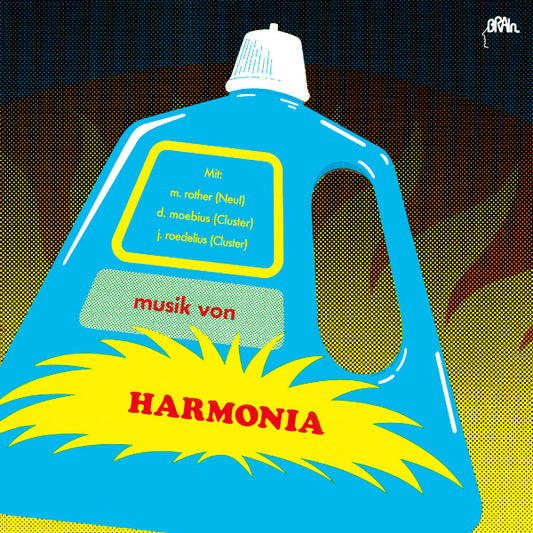 Simplified depiction of a blue bottle with text and 'Harmonia' branding on a yellow and black background.