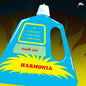 Simplified depiction of a blue bottle with text and 'Harmonia' branding on a yellow and black background.