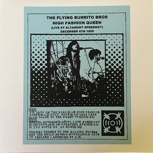 A black and blue close up of the Flying Burrito Brothers on stage rest in the center framed by a square of black dots. Above the frame is the band and album name, and below is the track listing