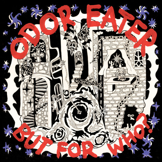 Album cover with text 'Odor Eater' and 'Out for Who!' surrounded by decorative elements on a black background.