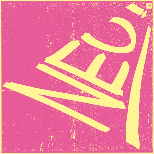A square graphic print featuring the word 'NEI' in bold yellow brushstrokes on a textured hot pink background, framed by a thin yellow border.