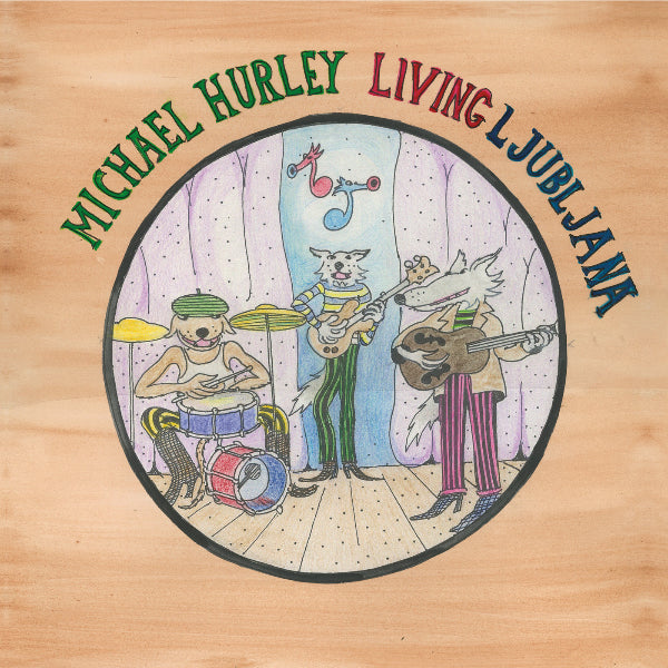 Album cover with cartoon animals playing music on a wooden background
