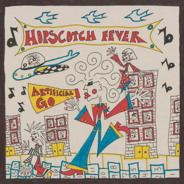 A coloful drawing of a woman playing hopscotch on a city street while holding an Artifical Go megaphone.