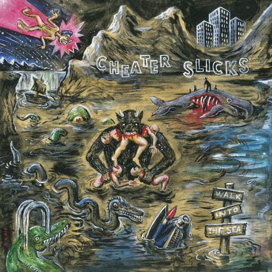 an ocean scene filled with sunk cars, sea monsters, beached whales, and a man flying through the sky