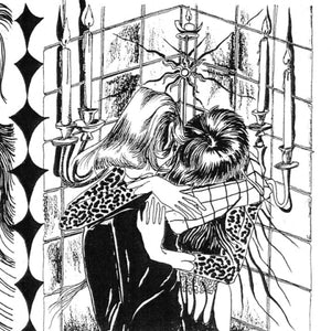 Black and white illustration of two people embracing in front of a window with candles.