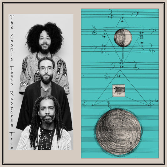 A picture of the band to the left of sheet music with cosmic symbols