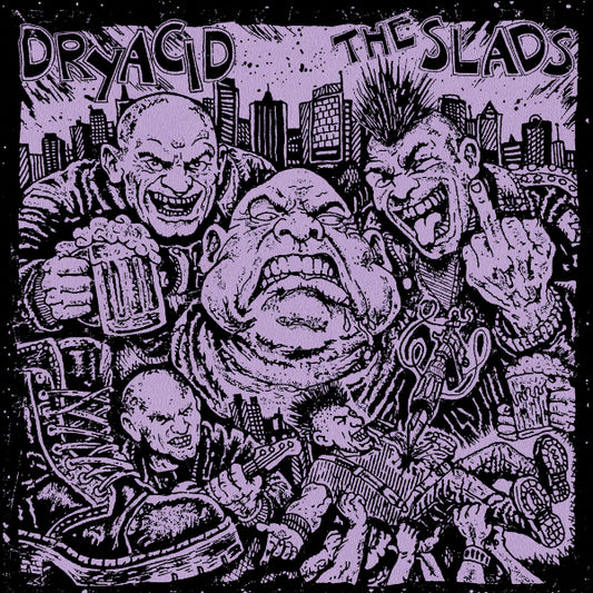 Illustration of a group of figures with a cityscape background, featuring the text 'Dry Acid The Slads'.