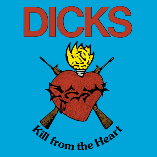 A Heart with crossed guns and a torch at the top with a sickle and hammer inside the flames