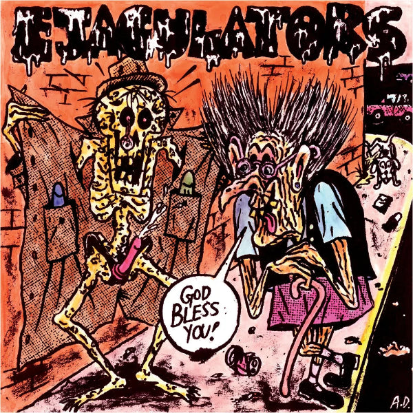 Album cover art for 'ETAGULATORS' featuring a highly detailed, gritty cartoon illustration of two grotesque, distorted skeletons in a dusty, orange-toned industrial setting. One skeleton holds a pink dildo while the other looks on with a speech bubble that reads 'GOD BLESS YOU!'.