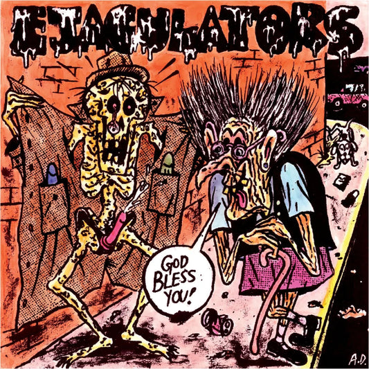 Album cover art for 'ETAGULATORS' featuring a highly detailed, gritty cartoon illustration of two grotesque, distorted skeletons in a dusty, orange-toned industrial setting. One skeleton holds a pink dildo while the other looks on with a speech bubble that reads 'GOD BLESS YOU!'.