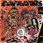 Album cover art for 'ETAGULATORS' featuring a highly detailed, gritty cartoon illustration of two grotesque, distorted skeletons in a dusty, orange-toned industrial setting. One skeleton holds a pink dildo while the other looks on with a speech bubble that reads 'GOD BLESS YOU!'.