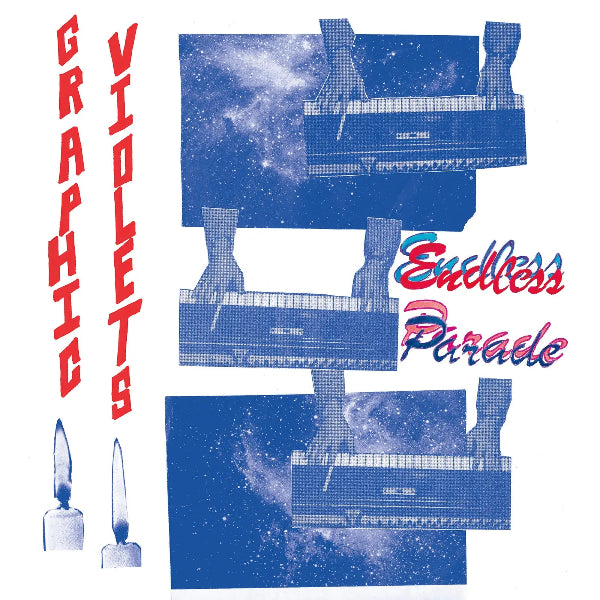 Album cover art for 'Endless Parade' by Violets Graphic, featuring a collage of blue-toned hands playing pianos against starry space backgrounds, with red and blue text on a white background.