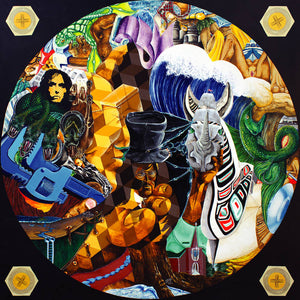 a surreal painting figuring heads, geometric shapes, and crushing waves