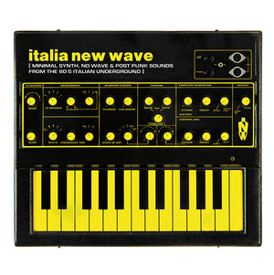 A black and yellow synthesizer against a white backgrop