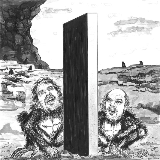 Black and white illustration of a creature opening a door in a desert landscape.