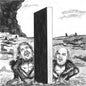 Black and white illustration of a creature opening a door in a desert landscape.