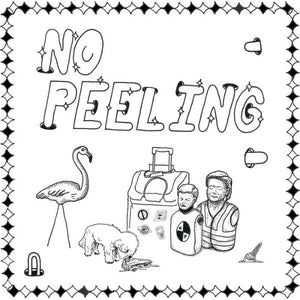 A drawing of a flamingo and crash test dummies beneath a bubble fonted NO PEELING 
