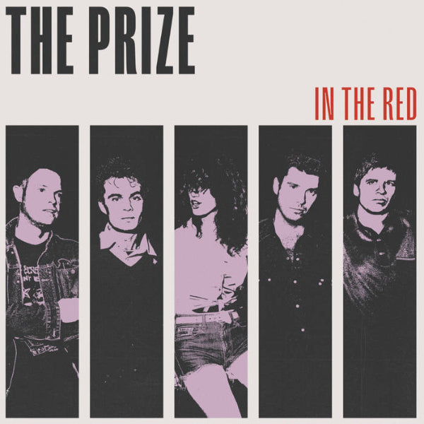 Five thin black bars with images of each band member in purpler with THE PRIZE IN BOLD BLACK LETTERS ABOVE