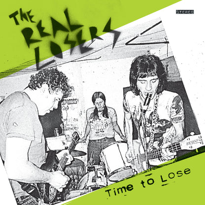 A diagonal black and white image of the band bordered by bright green triangles containing the name of the band and the album.