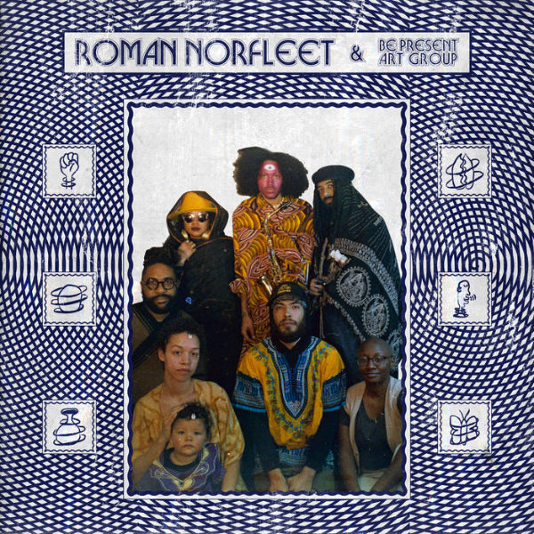 A group photo of the band and family members with a cosmic background