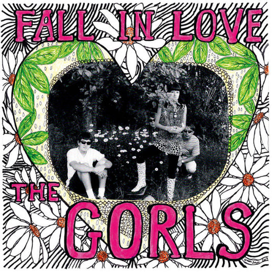An image of the band under a tree framed in a heart surrounded by drawn flowers