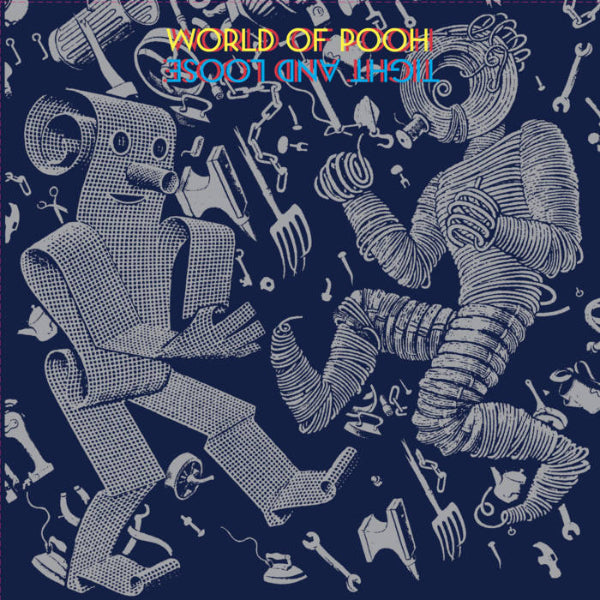 Two strange figures, one made of paper, the other of springs, dance in front of an assortment of tools.