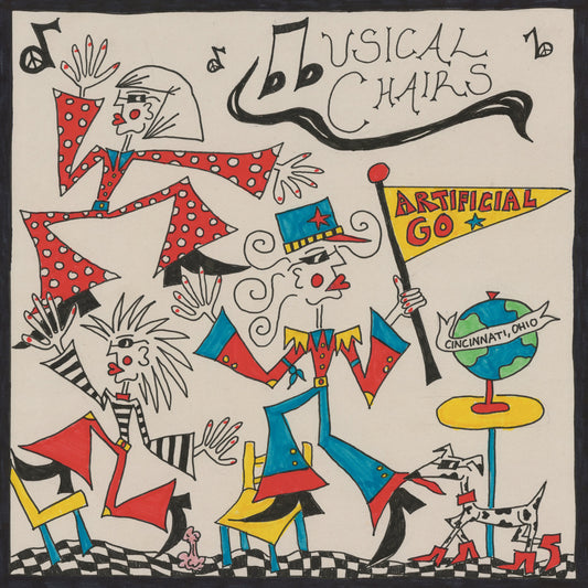 Three wildly dressed figures and a dog dance in a checkered floored cafe. One holds a flag that says Artificial Go and there is a globe on a table with a banner that reads Cincinnati, Ohio.