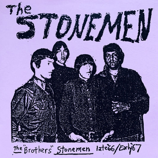 A square graphic print featuring a black-and-white sketch of four men under the large text 'The Stonemen' on a light lavender background, with additional text at the bottom reading 'The Brothers' Stonemen late 66/Early 67'.