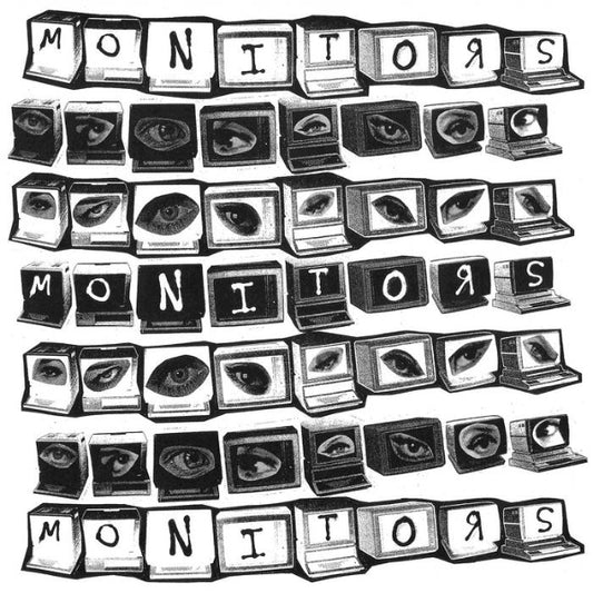 Black and white illustration of 'MONITORS' spelled out with eye-like symbols on a white background.