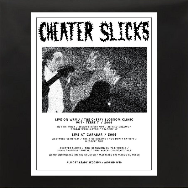 Black and white poster with text and a small image of two people, featuring the band 'Cheater Slicks'.