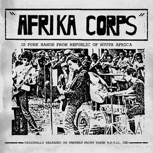 Album cover for 'Afrika Corps' featuring a black and white image of people and text.