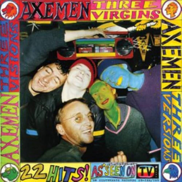 The band crowded into a shot with multicolored faces in a very colorful frame including all the release info