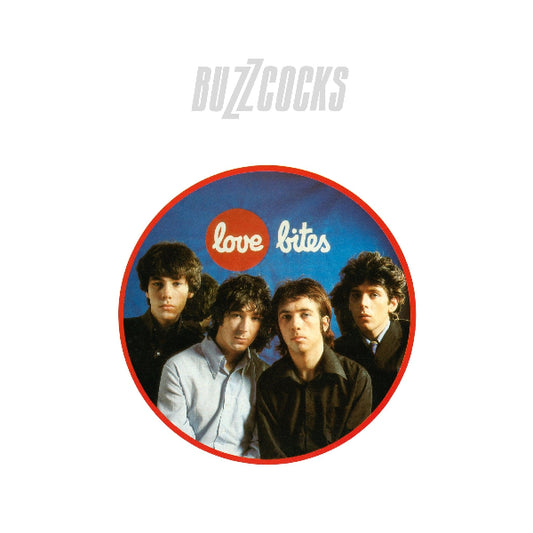 The band standing close to each other in a red lined circle frame and a white background with Buzzcocks written in gray