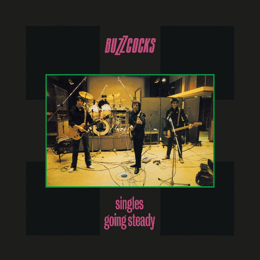 The Buzzcocks live in the studio framed by a black background and the words "Buzzcocks" and "Singles Going Steady" in pink