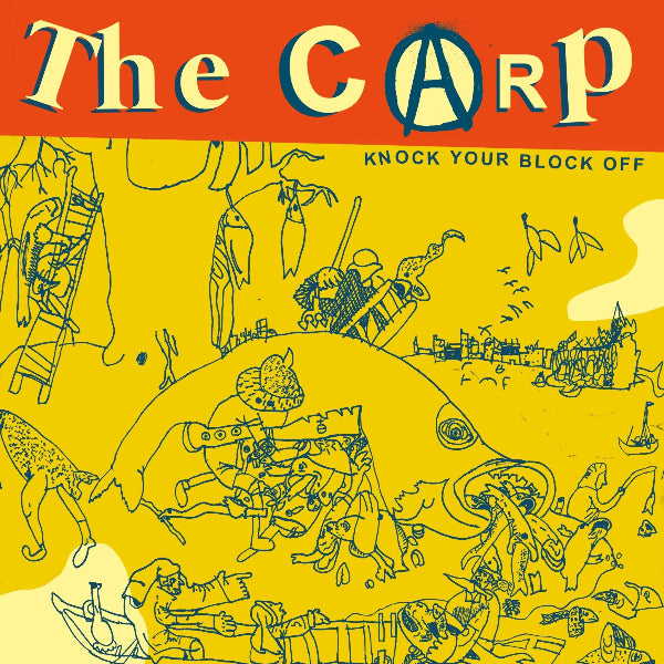 A Crude childish drawing of a scene of fishermen down by the shore, with the words THE CARP and Knock Your Block Off above the scene.